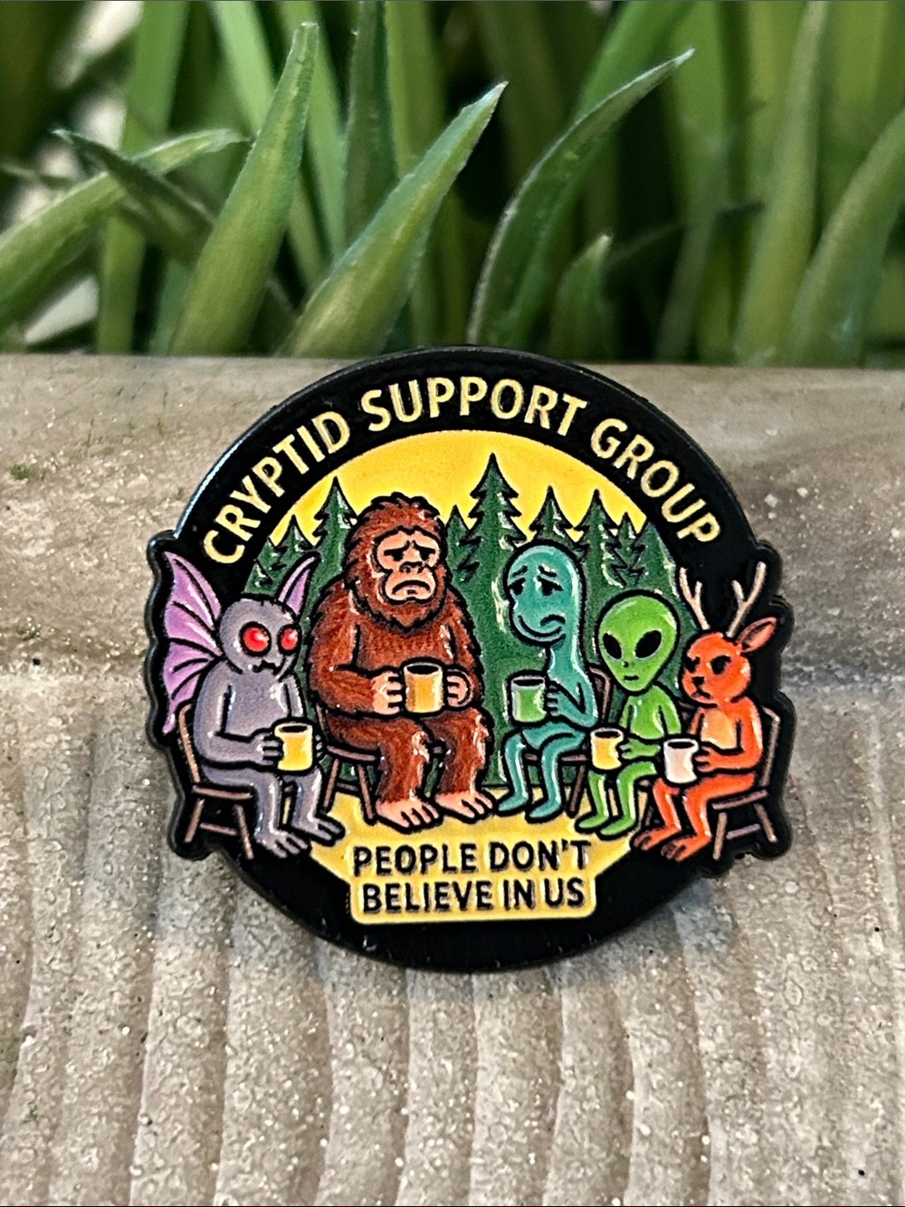 Cryptid Support Group Enamel Pin NEW Mothman alien wendigo Bigfoot Nessie